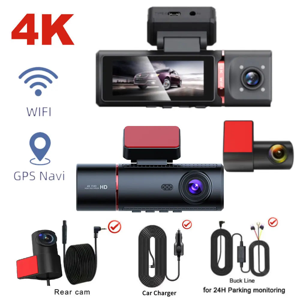 3 Channel Car DVR 4K 3-Lens Front inside Rear GPS Wifi Dash Cam DVR Recorder Video Registrator Car Camera 24H Parking Monitor