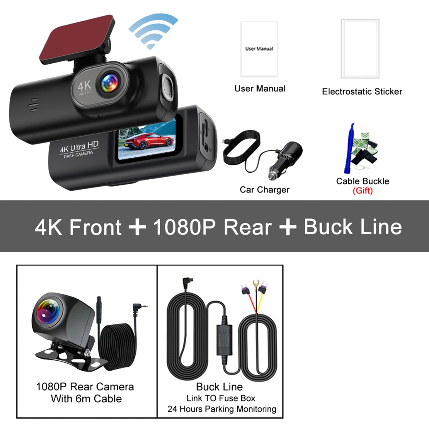 Dash Cam 4K Wifi with Night Vision 1/2 Channel Loop Recording 1.47 IPS Screen Vehicle DVR Video Recorder Support GPS 24H Parking
