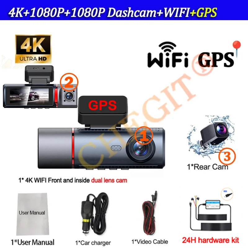 4K WIFI GPS Car Dash Cam Video Recorder 1080P 3 Lens Car DVR 24H Parking Monitor Rear View Cameras Black Box Car Accessories