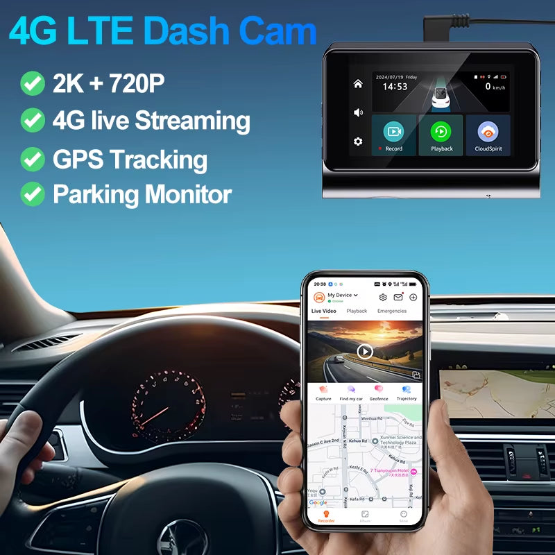 4G LTE Dash Cam GPS Wifi 2K Front and Rear 720P Live Streaming Video Remote Monitoring 24H Parking Monitor Night Vision Car DVR