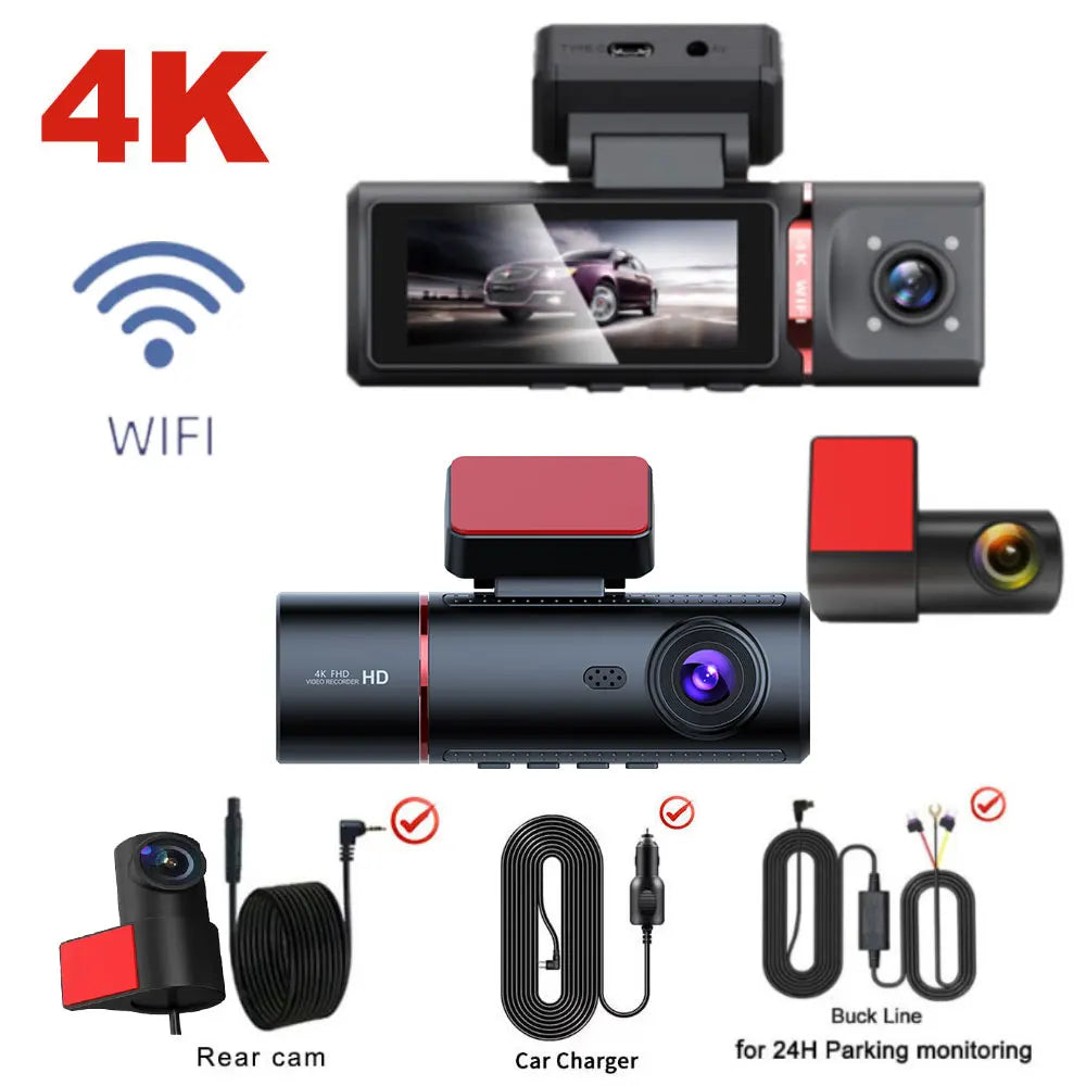 3 Channel Car DVR 4K 3-Lens Front inside Rear GPS Wifi Dash Cam DVR Recorder Video Registrator Car Camera 24H Parking Monitor