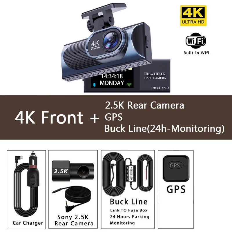 UHD 4K+2.5K Car DVR Front and Back Dash Cam Camera 5G WIFI GPS Dashcam Mini Black Box with 24H Parking Monitor Night Vision