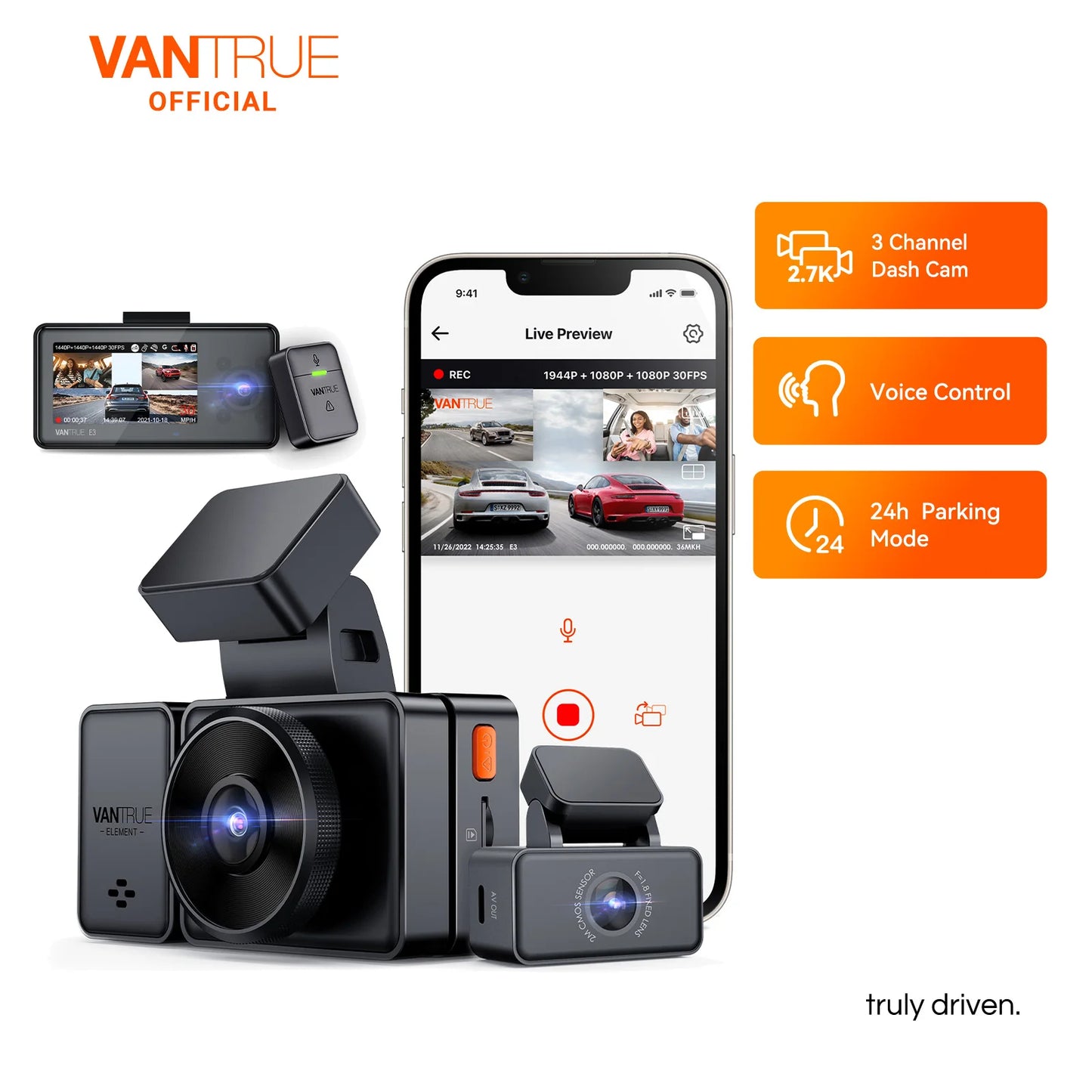 E3 Dashcam 3 Channel 2.7K Wifi Car Dash Camera with STARVIS IR Night Vision Voice Control Gps,24H Parking Mode