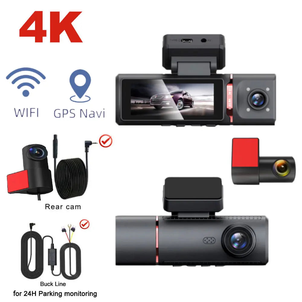3 Channel Car DVR 4K 3-Lens Front inside Rear GPS Wifi Dash Cam DVR Recorder Video Registrator Car Camera 24H Parking Monitor