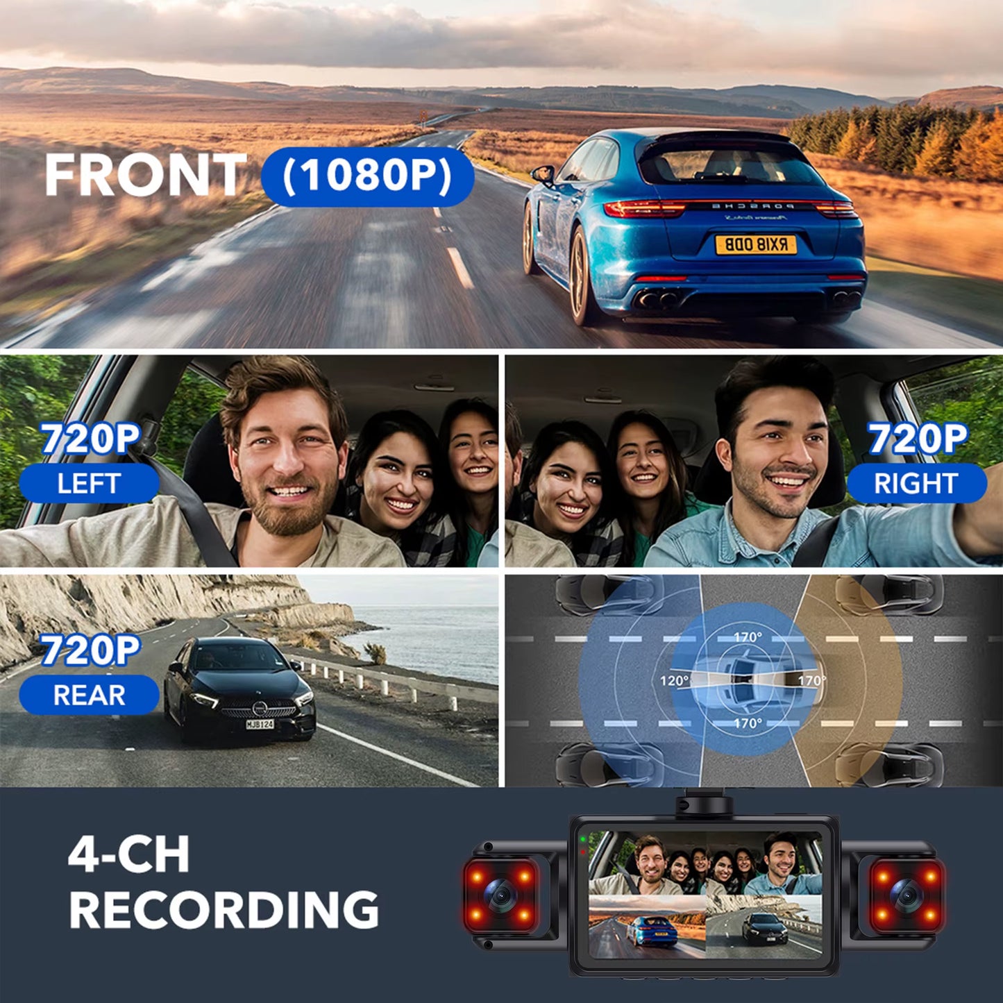 4Ch Wifi Dashcam Car Camera Black Box Driving DVR FHD 1080P Front Left Right Rear Night Vision Loop Recording Hardwire Kit