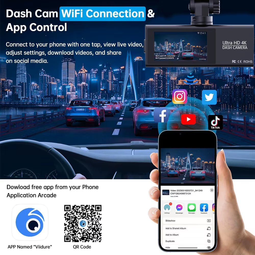 UHD 4K+2.5K Car DVR Front and Back Dash Cam Camera 5G WIFI GPS Dashcam Mini Black Box with 24H Parking Monitor Night Vision