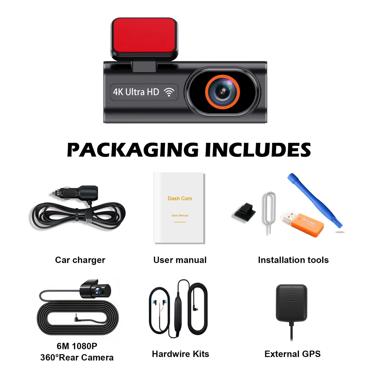 Ultra HD 4K Car Front Dash Cam Mini WIFI DVR Black Box Room with 24H Parking Monitor Night Vision,Gps/Rear View Camera Optional