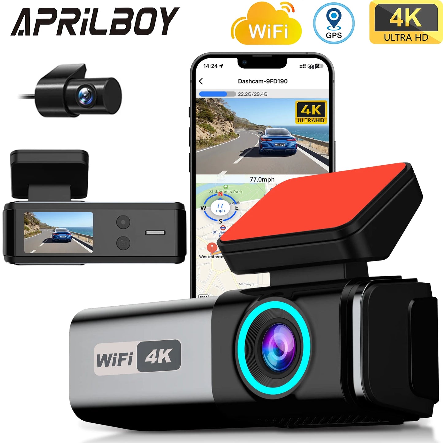 4K WIFI Dash Cam 2160P Car DVR Front and Rear Dual Lens Auto Car Camera with Night Vision G-Sensor 24H Parking Monitor