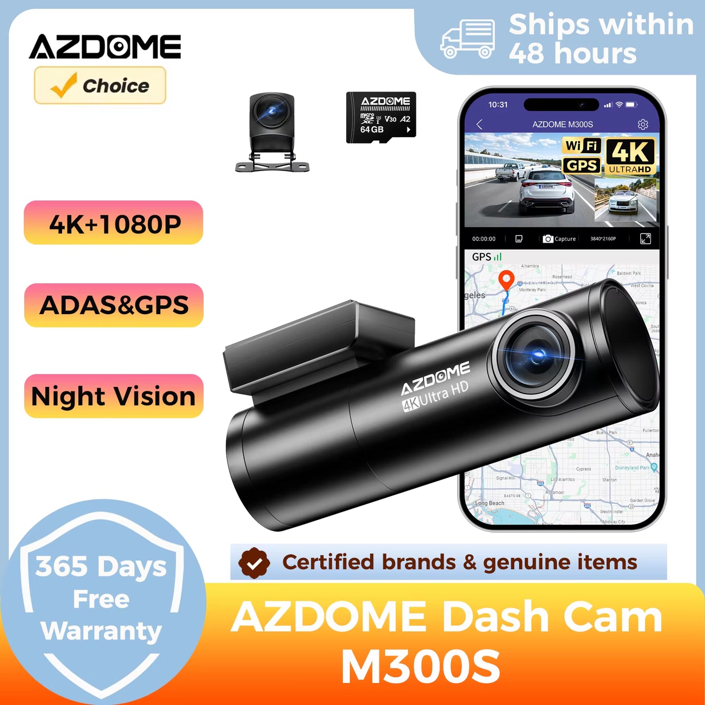 Dash Cam M300S 4K+1080P Dual Dash Car Camera Built-In Wifi GPS ADAS Car DVR 24H Parking Mode Night Vision Black Box