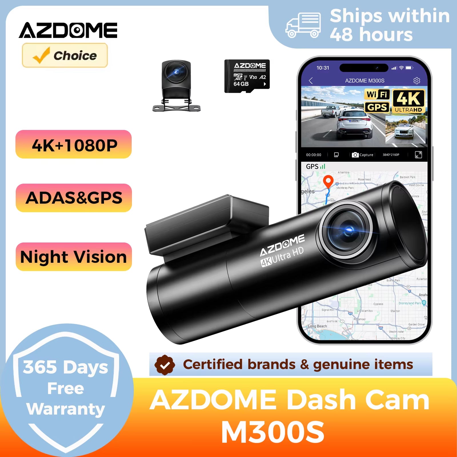 Dash Cam M300S 4K+1080P Dual Dash Car Camera Built-In Wifi GPS ADAS Car DVR 24H Parking Mode Night Vision Black Box