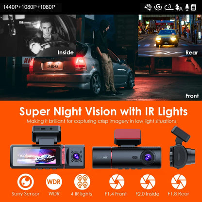 3 Channel Car DVR UHD 4K 3-Lens inside Vehicle Dash Cam Three Way Camera Dvrs Recorder Video Registrator GPS Dashcam Camcorder