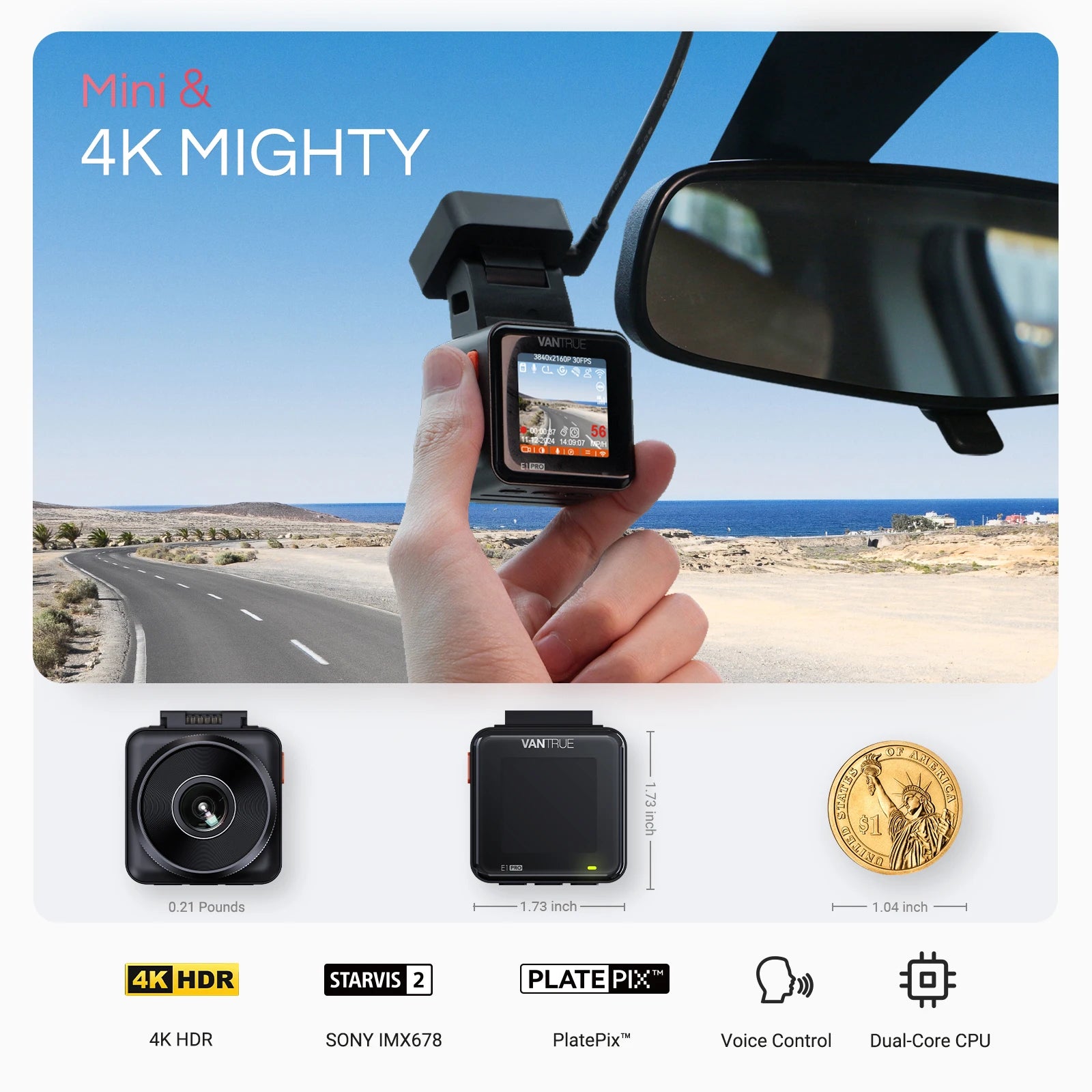 Element1 Pro 4Kmini Dashcam Front STARVIS 2 Platepix™ HDR Night Vision Built-In 5G Wifi GPS Car Dash Cam Support 1TB Ma