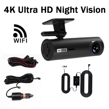 4K Ultra HD Dash Cam with Wifi & App Control, Easy Stick-On Installation, Night Vision, Gravity Sensor, Parking Guide Lines