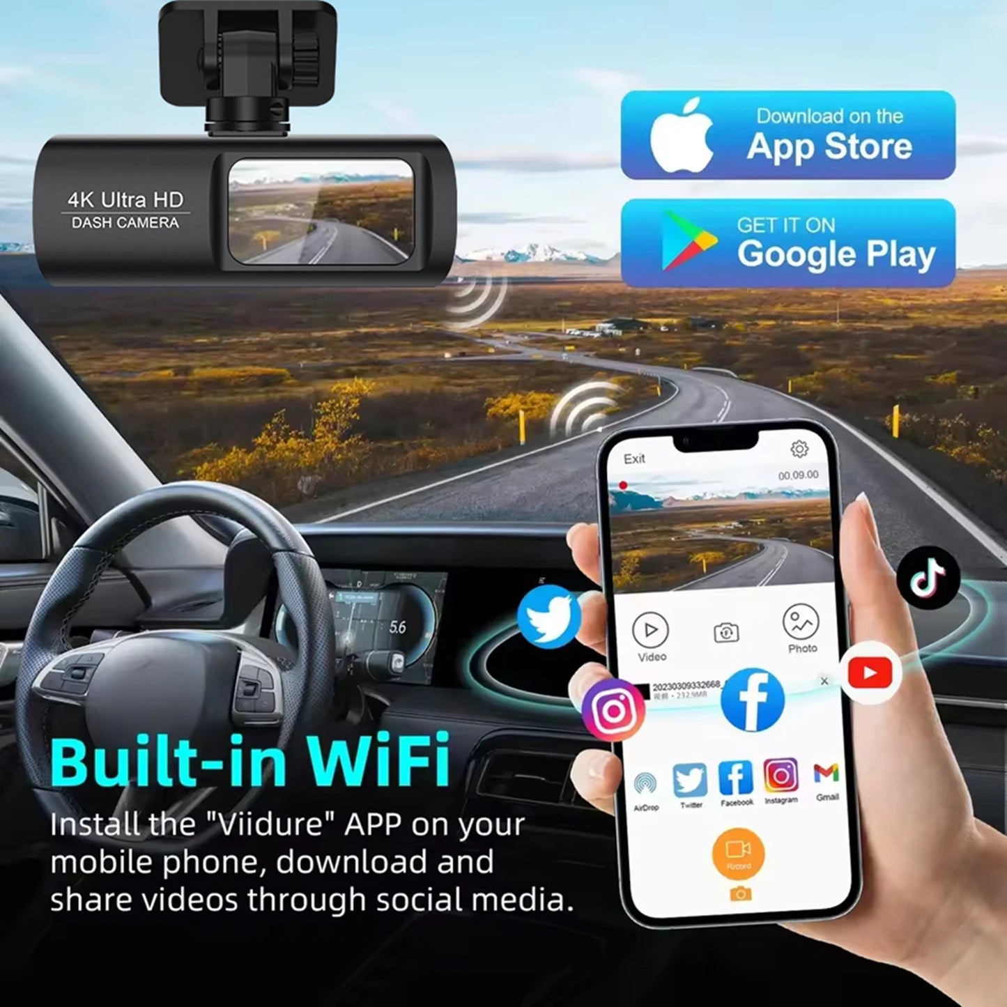 Dash Cam 4K Wifi with Night Vision 1/2 Channel Loop Recording 1.47 IPS Screen Vehicle DVR Video Recorder Support GPS 24H Parking