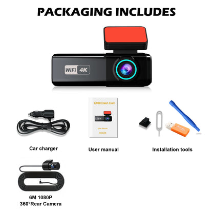 4K WIFI Dash Cam 2160P Car DVR Front and Rear Dual Lens Auto Car Camera with Night Vision G-Sensor 24H Parking Monitor