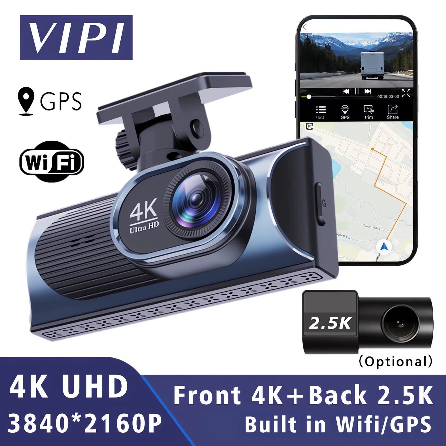 UHD 4K+2.5K Car DVR Front and Back Dash Cam Camera 5G WIFI GPS Dashcam Mini Black Box with 24H Parking Monitor Night Vision