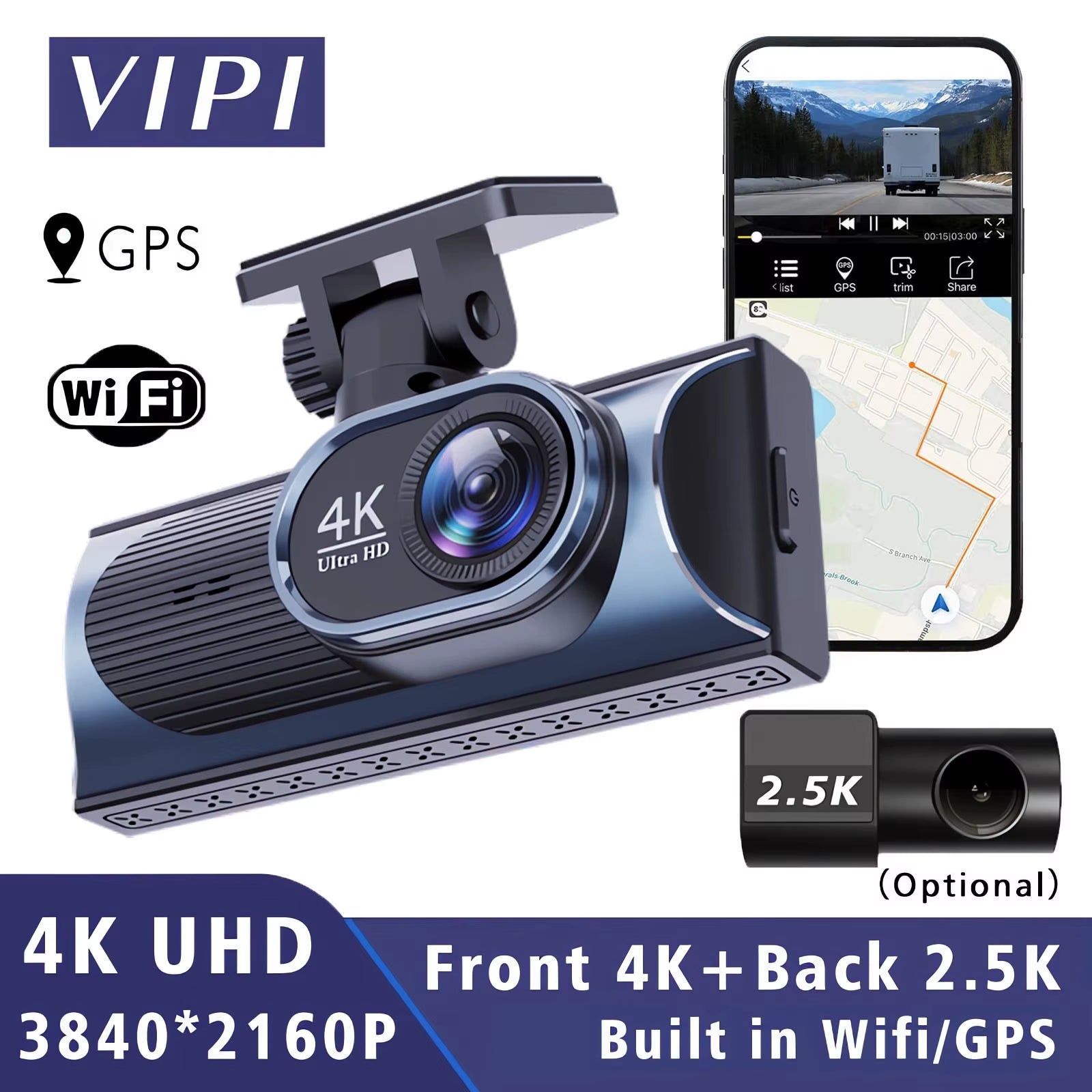 UHD 4K+2.5K Car DVR Front and Back Dash Cam Camera 5G WIFI GPS Dashcam Mini Black Box with 24H Parking Monitor Night Vision