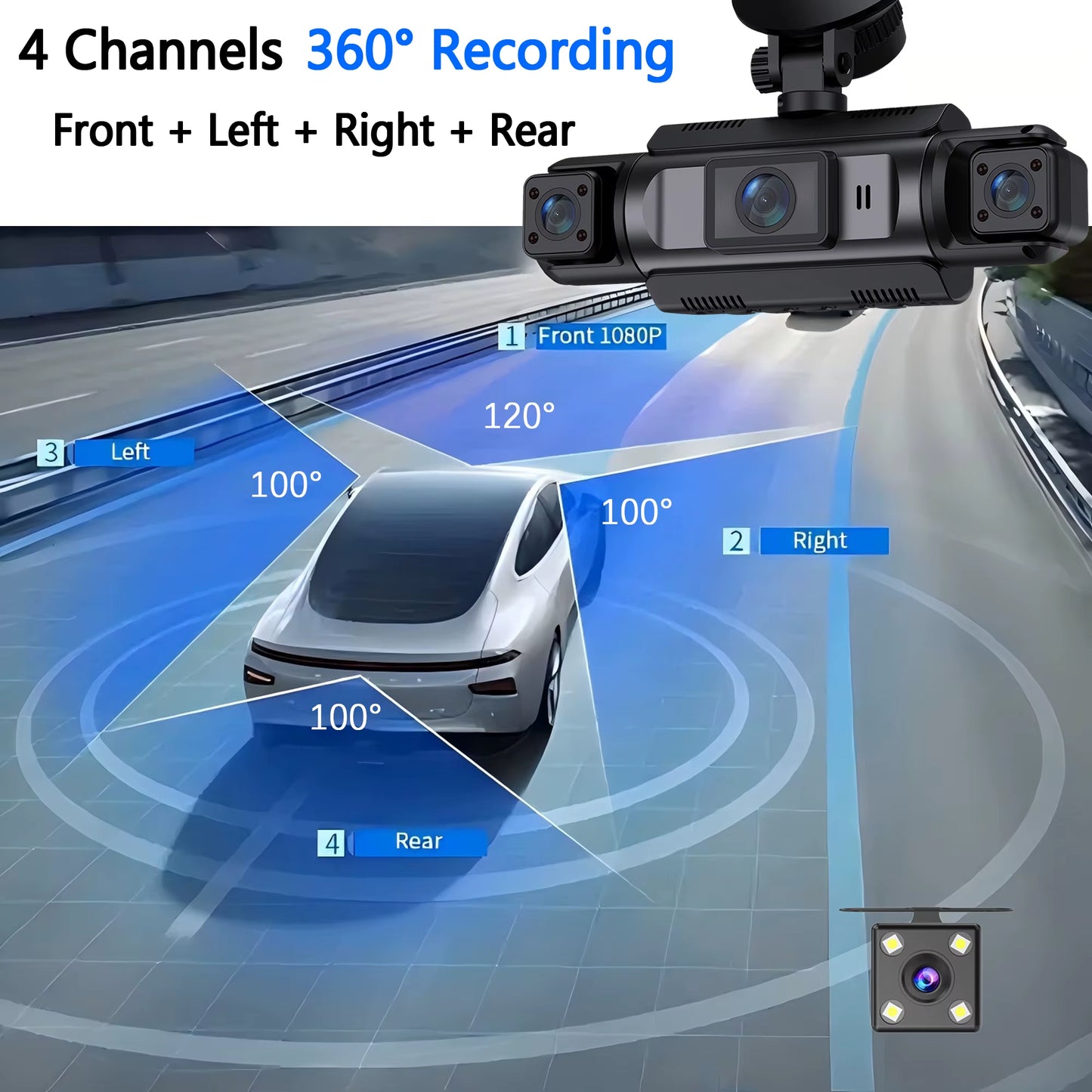 4Ch Wifi Dashcam Car Camera Black Box Driving DVR FHD 1080P Front Left Right Rear Night Vision Loop Recording Hardwire Kit