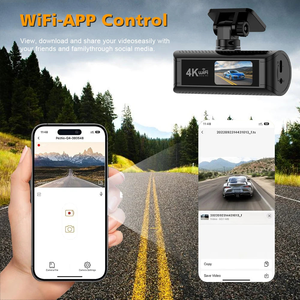 4K+1080P Dash Cam with Wifi, 170° Wide Angle, Night Vision, Loop Recording, Parking Monitor, Vehicle Camera with App Control