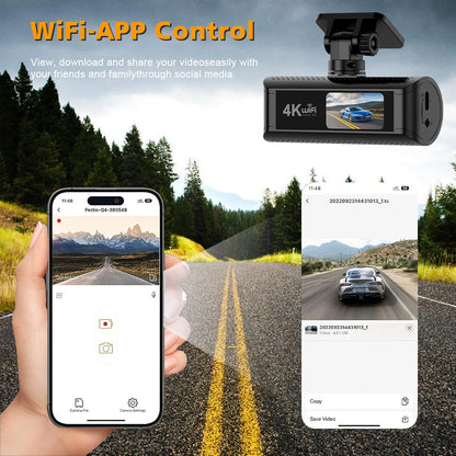 4K+1080P Dash Cam with Wifi, 170° Wide Angle, Night Vision, Loop Recording, Parking Monitor, Vehicle Camera with App Control
