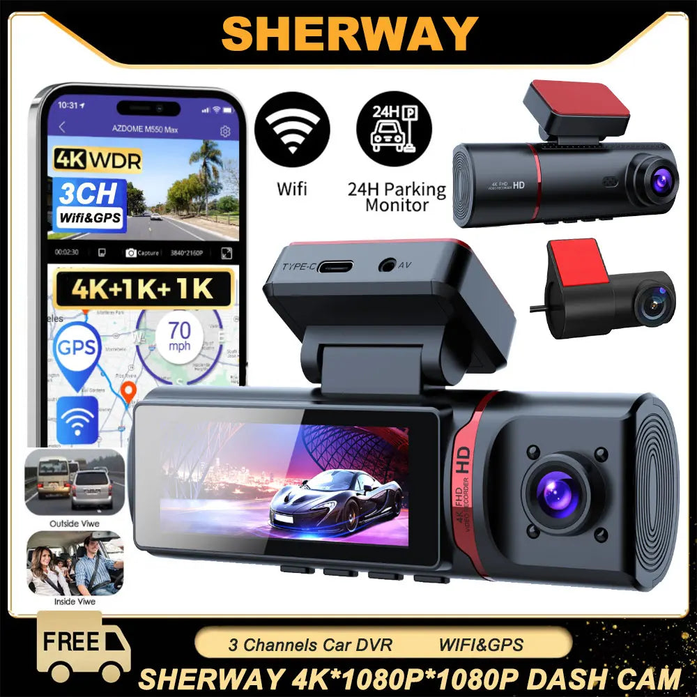 3 Channel Car DVR 4K 3-Lens Front inside Rear GPS Wifi Dash Cam DVR Recorder Video Registrator Car Camera 24H Parking Monitor