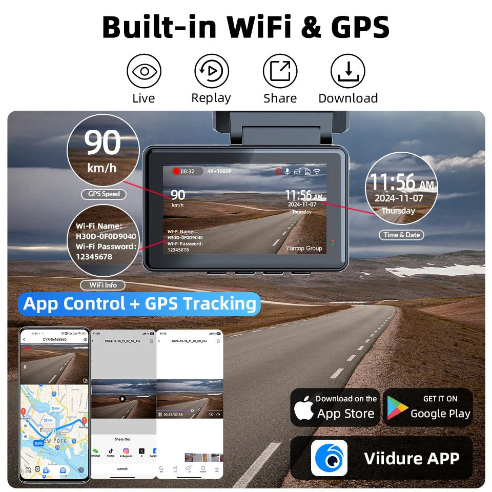 Dash Cam 4K 3 Inch Mini Car Dvr Dual Lens with GPS WIFI 24H Parking 1080P Rear View Camera Night Vision Black Box