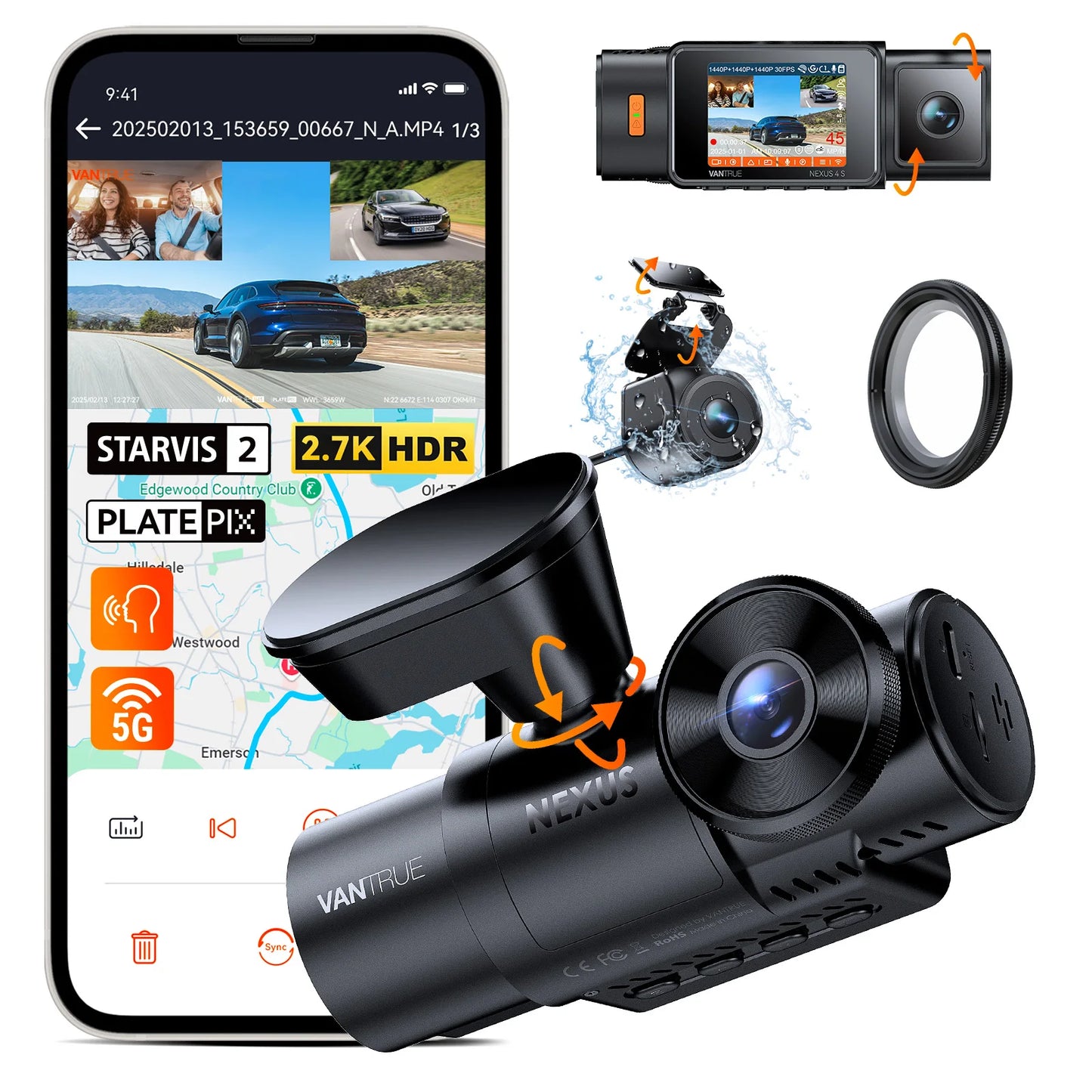N4S Dashcam 3 Channel Wifi STARVIS 2 2.7K+1440P+1440 Waterproof Rear Camera HDR IR Night Vision GPS 24H Packing Mode