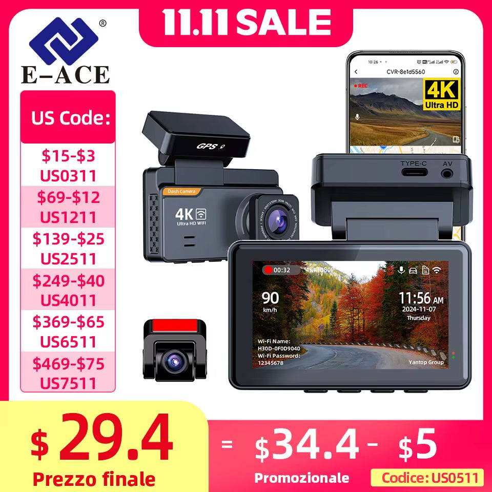 Dash Cam 4K 3 Inch Mini Car Dvr Dual Lens with GPS WIFI 24H Parking 1080P Rear View Camera Night Vision Black Box