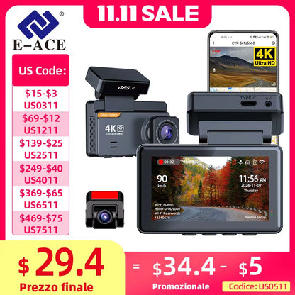 Dash Cam 4K 3 Inch Mini Car Dvr Dual Lens with GPS WIFI 24H Parking 1080P Rear View Camera Night Vision Black Box