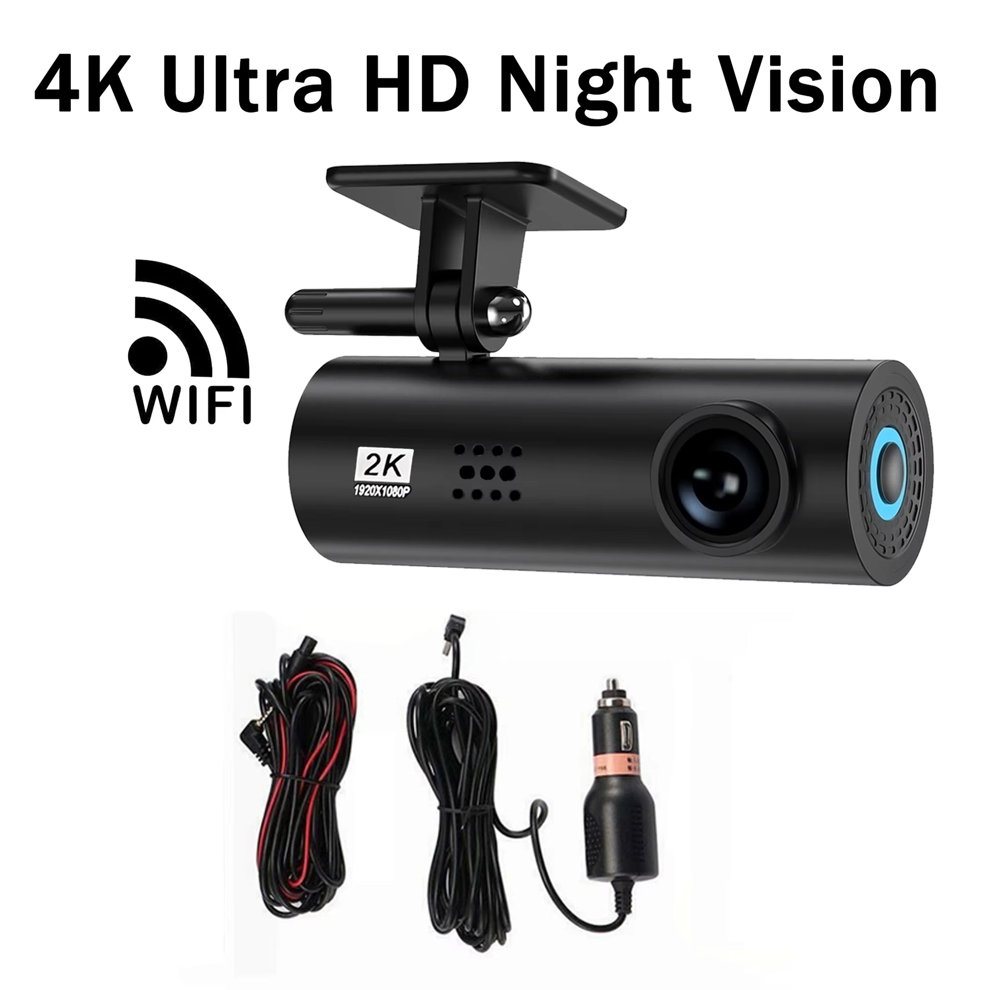 4K Ultra HD Dash Cam with Wifi & App Control, Easy Stick-On Installation, Night Vision, Gravity Sensor, Parking Guide Lines