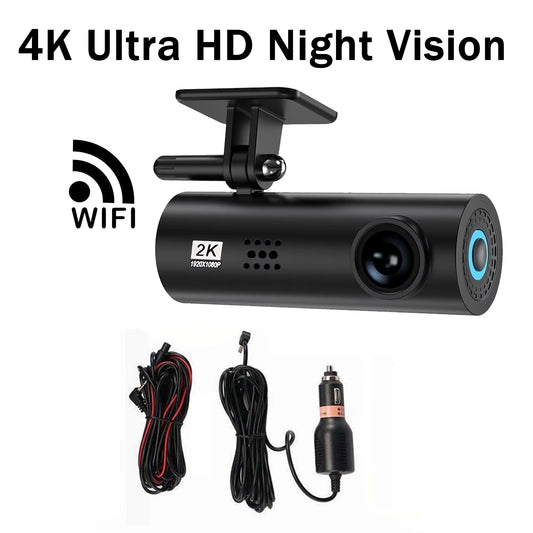 4K Ultra HD Dash Cam with Wifi & App Control, Easy Stick-On Installation, Night Vision, Gravity Sensor, Parking Guide Lines
