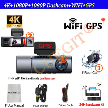 4K WIFI GPS Car Dash Cam Video Recorder 1080P 3 Lens Car DVR 24H Parking Monitor Rear View Cameras Black Box Car Accessories