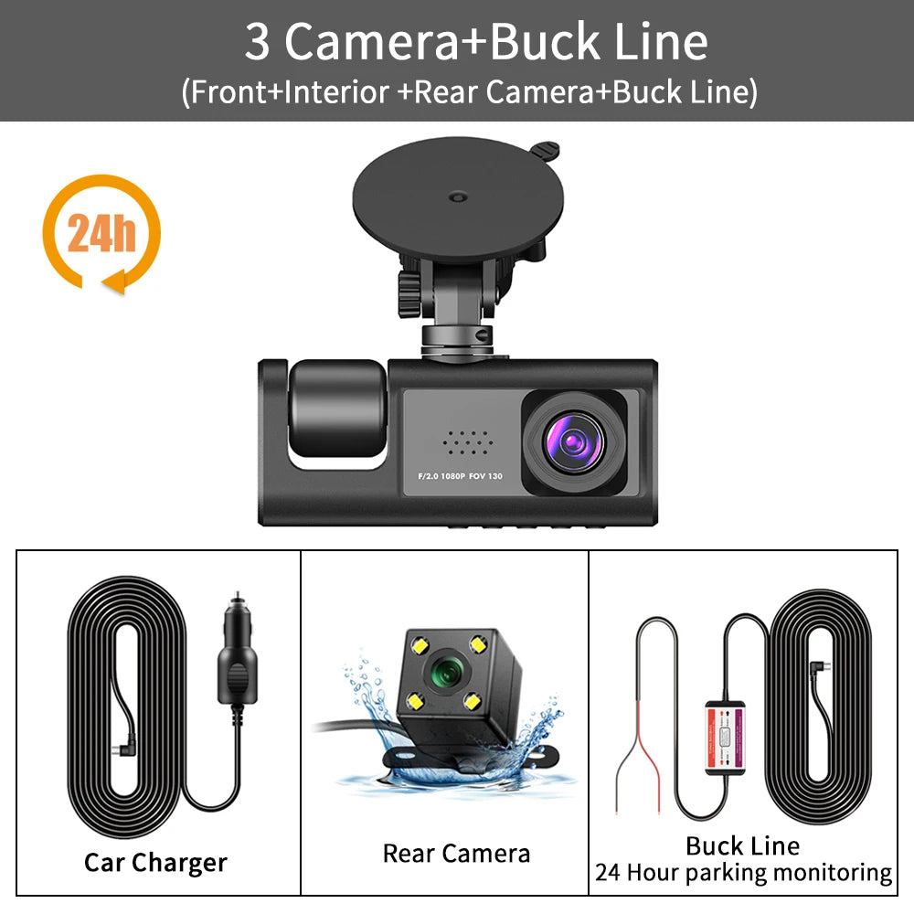3 Channel Car DVR HD 1080P 3-Lens inside Vehicle Dash Camthree Way Camera Dvrs Recorder Video Registrator Dashcam Camcorder