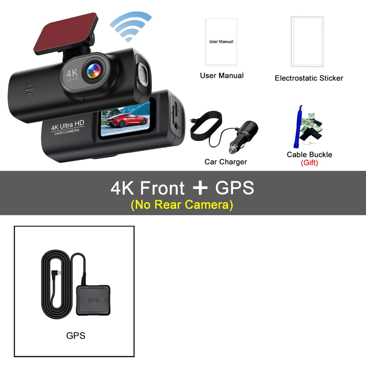 Dash Cam 4K Wifi with Night Vision 1/2 Channel Loop Recording 1.47 IPS Screen Vehicle DVR Video Recorder Support GPS 24H Parking