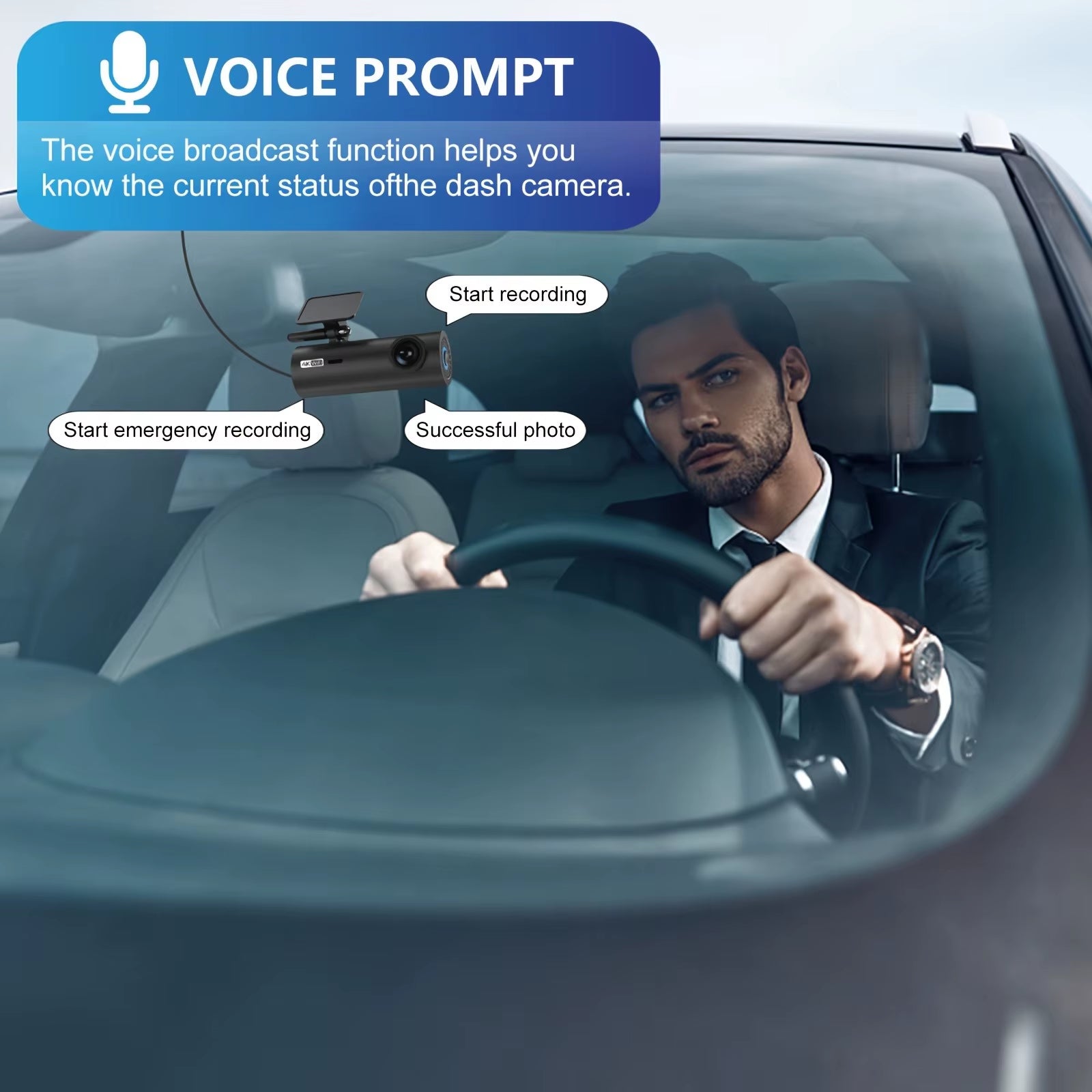 4K Ultra HD Dash Cam with Wifi & App Control, Easy Stick-On Installation, Night Vision, Gravity Sensor, Parking Guide Lines