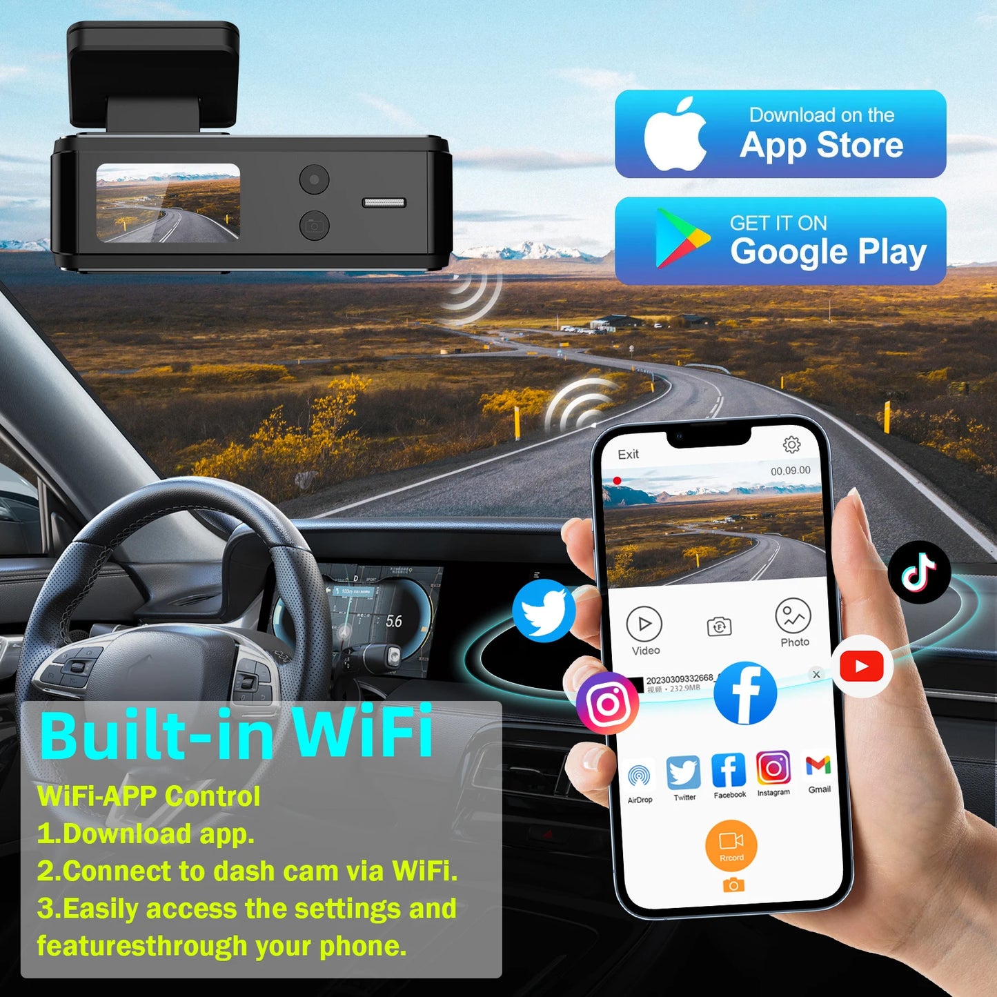 4K WIFI Dash Cam 2160P Car DVR Front and Rear Dual Lens Auto Car Camera with Night Vision G-Sensor 24H Parking Monitor