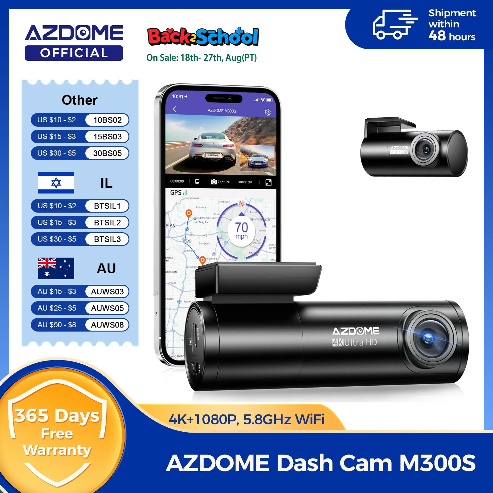 M300S 4K Dash Cam Front and Rear, 5.8G Wifi GPS Dash Camera for Cars, Free 64GB SD Card, Voice Control, WDR Night Vision