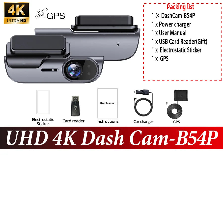 4K Car Dash Camera UHD Recording Car DVR Night Vision Video Recorder Dashcam with GPS Wi-Fi Support 24H Parking Monitoring
