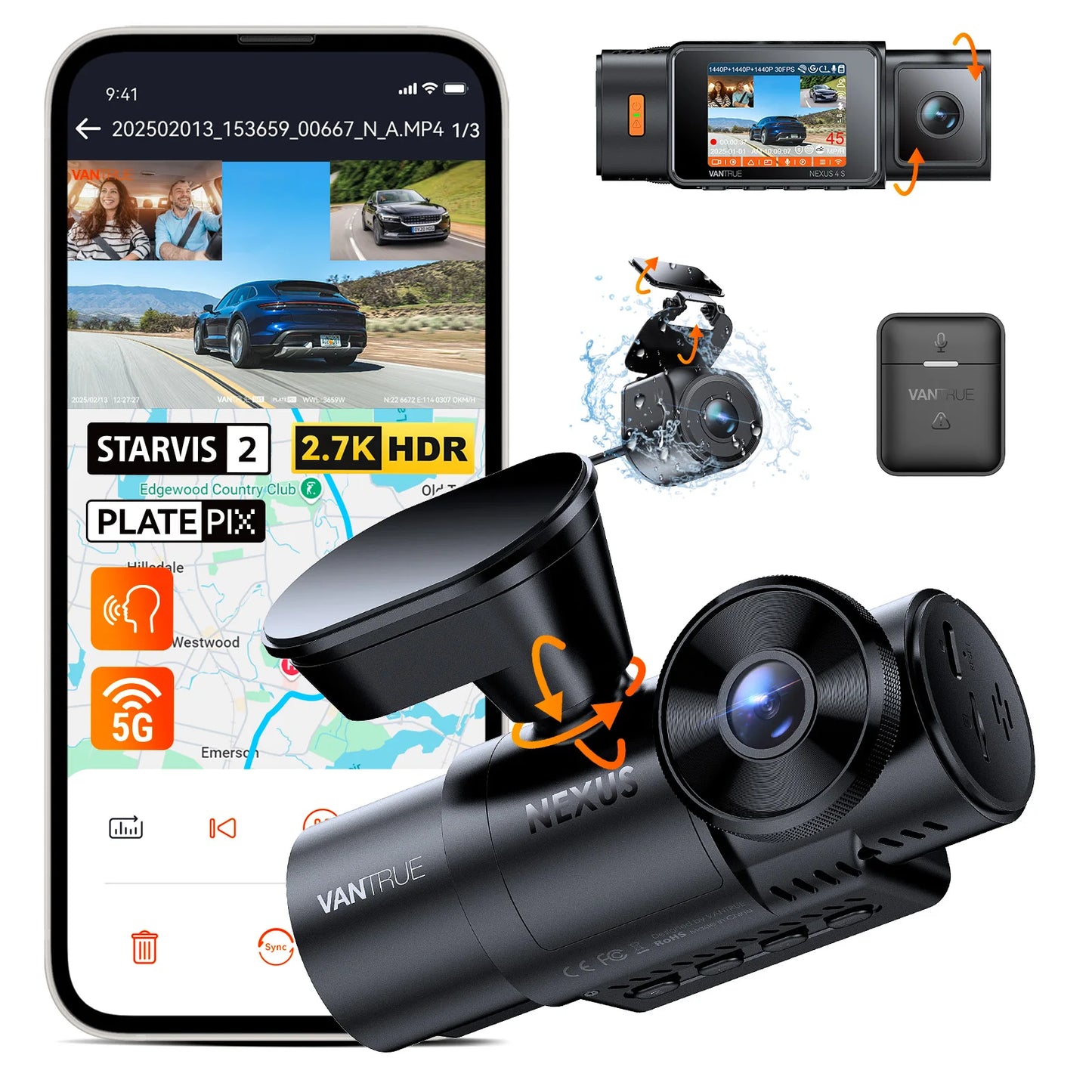 N4S Dashcam 3 Channel Wifi STARVIS 2 2.7K+1440P+1440 Waterproof Rear Camera HDR IR Night Vision GPS 24H Packing Mode