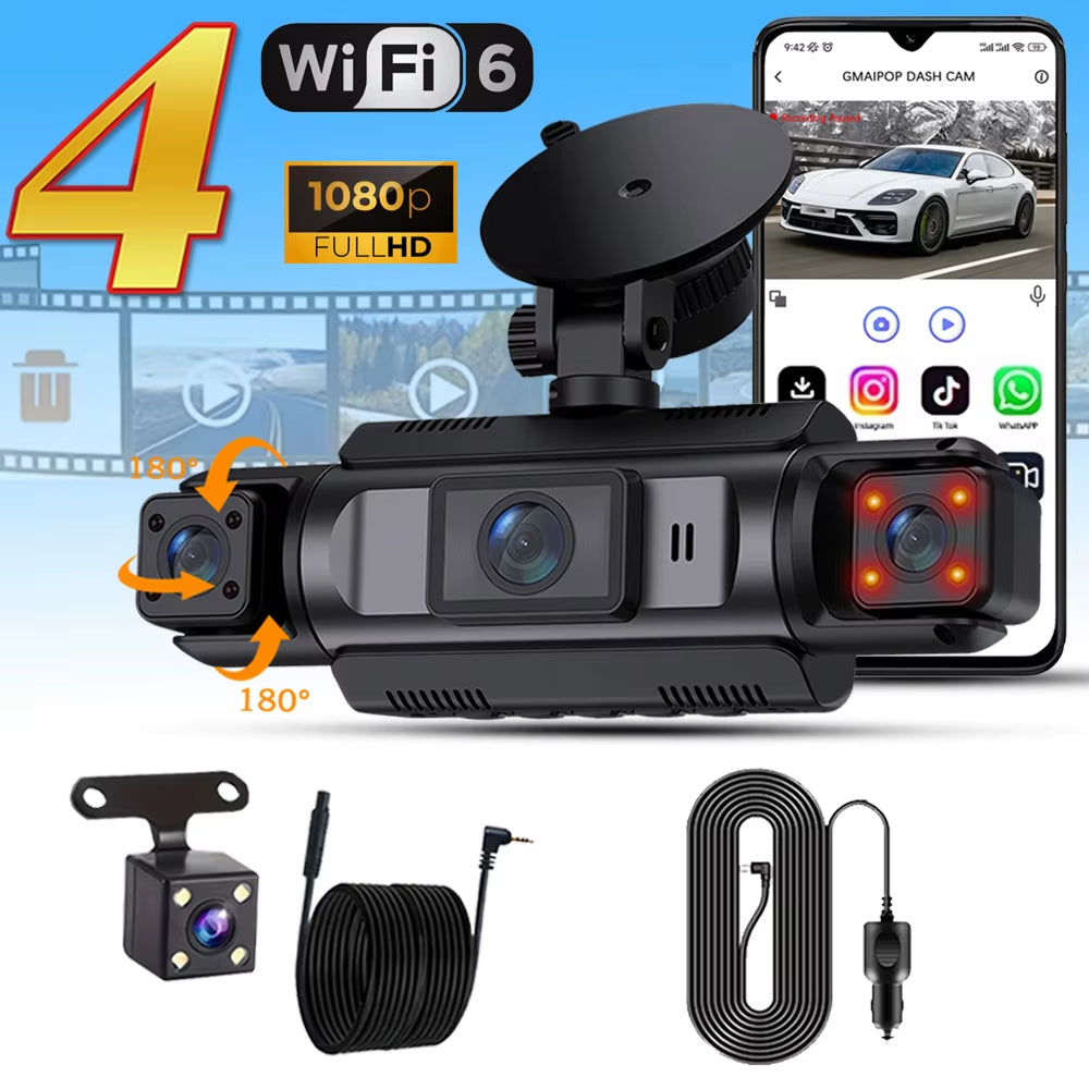 4Ch Wifi Dashcam Car Camera Black Box Driving DVR FHD 1080P Front Left Right Rear Night Vision Loop Recording Hardwire Kit