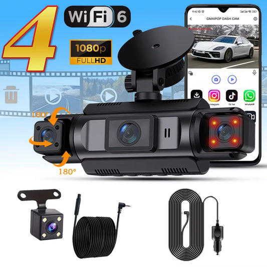 4Ch Wifi Dashcam Car Camera Black Box Driving DVR FHD 1080P Front Left Right Rear Night Vision Loop Recording Hardwire Kit