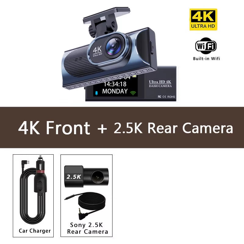 UHD 4K+2.5K Car DVR Front and Back Dash Cam Camera 5G WIFI GPS Dashcam Mini Black Box with 24H Parking Monitor Night Vision