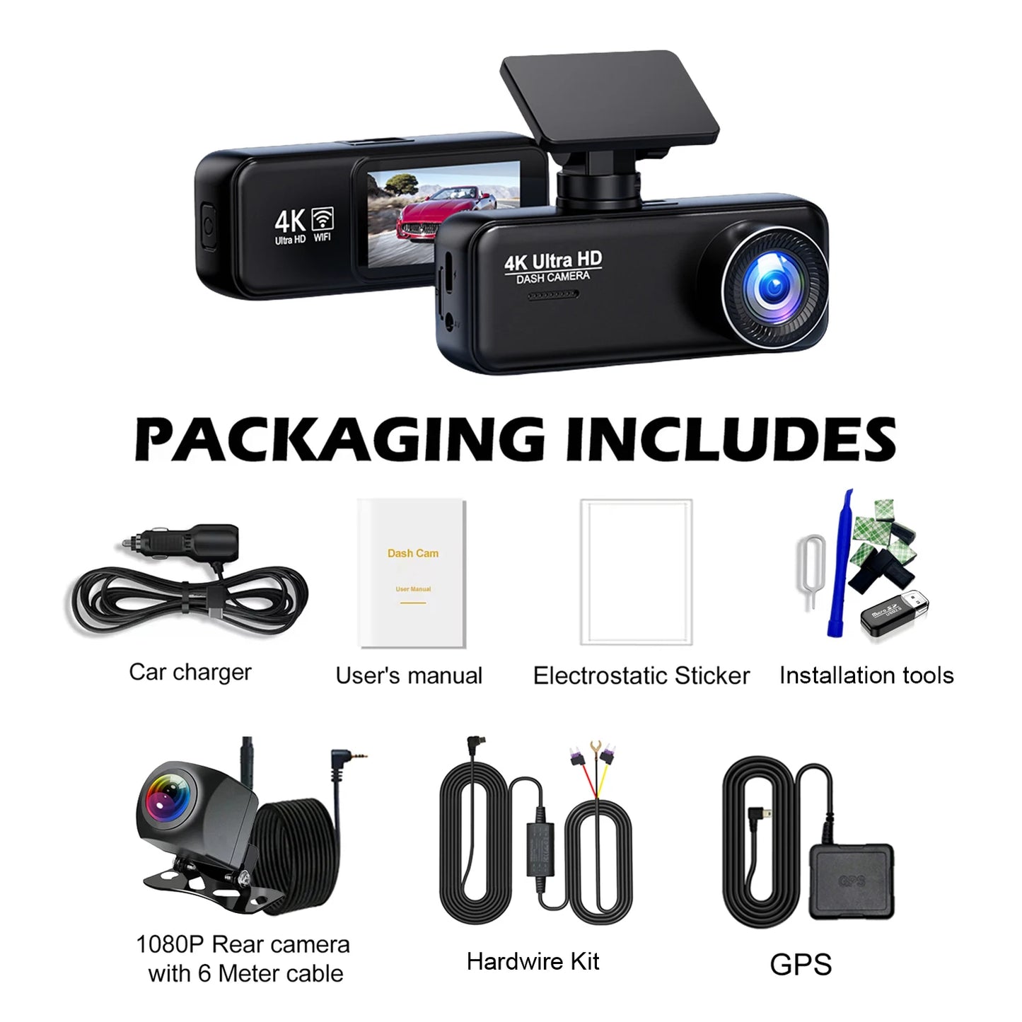 4K Dash Cam WIFI GPS Mini CAR DVR Front and Rear Dual Lens Video Recorder Black Box Night Vision 24H Parking Monitor