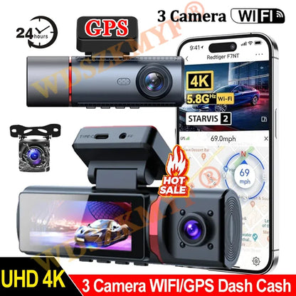 4K WIFI GPS Car Dash Cam Video Recorder 1080P 3 Lens Car DVR 24H Parking Monitor Rear View Cameras Black Box Car Accessories