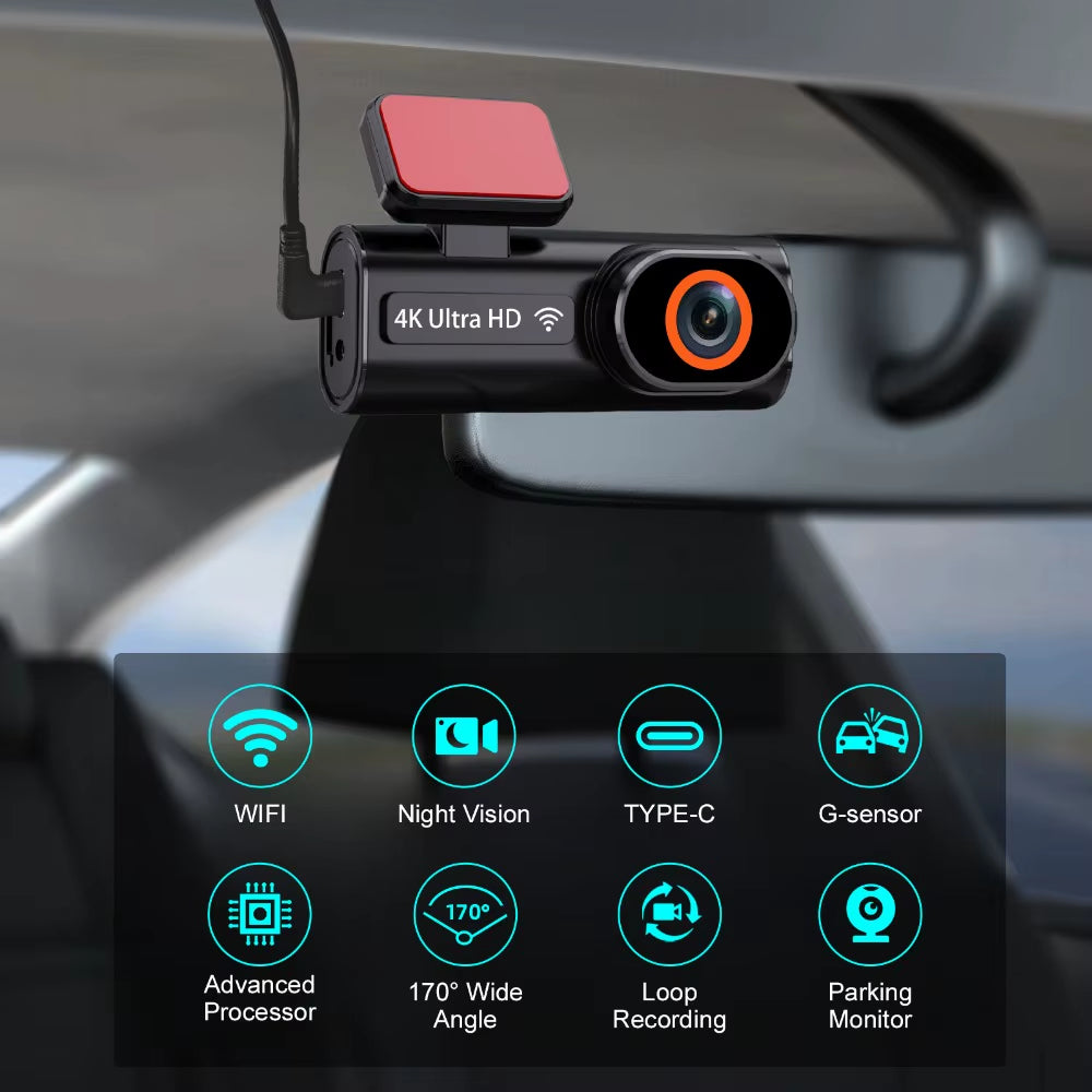 Ultra HD 4K Car Front Dash Cam Mini WIFI DVR Black Box Room with 24H Parking Monitor Night Vision,Gps/Rear View Camera Optional