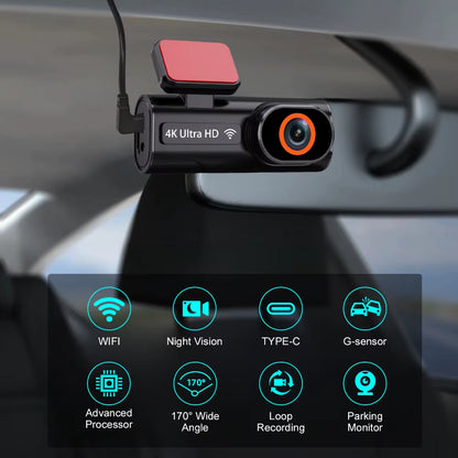 Ultra HD 4K Car Front Dash Cam Mini WIFI DVR Black Box Room with 24H Parking Monitor Night Vision,Gps/Rear View Camera Optional