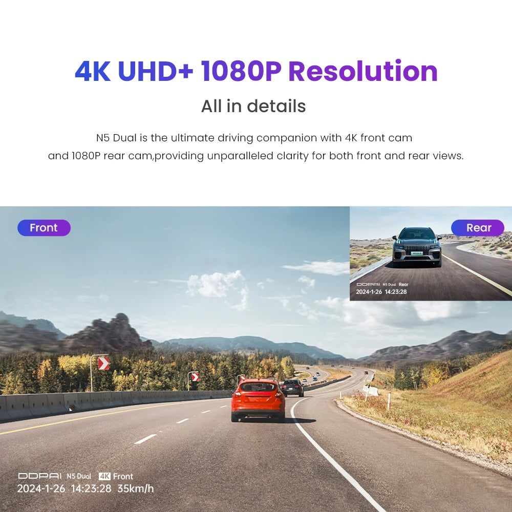 4K Dash Cam N5 Dual Front and Rear 4K UHD Resolution Dash Camera Car DVR Nightvis ADAS GPS Auto Record