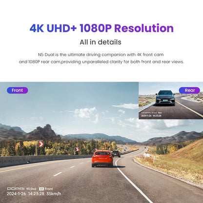 4K Dash Cam N5 Dual Front and Rear 4K UHD Resolution Dash Camera Car DVR Nightvis ADAS GPS Auto Record