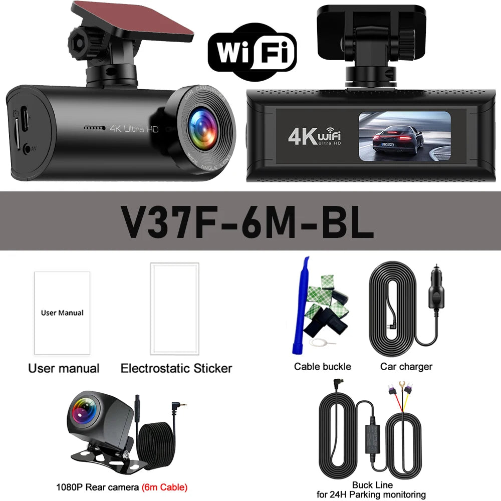4K+1080P Dash Cam with Wifi, 170° Wide Angle, Night Vision, Loop Recording, Parking Monitor, Vehicle Camera with App Control