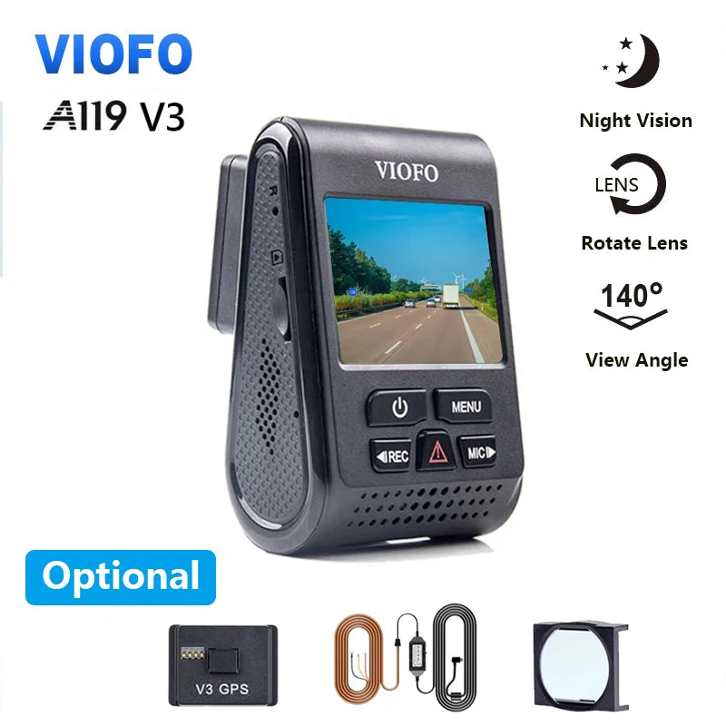 A119 V3 2K Car DVR Super Night Vision Quad HD Dash Cameras Parking Mode G-Sensor Rota Lens 2560 * 1600P Optional GPS CPL
